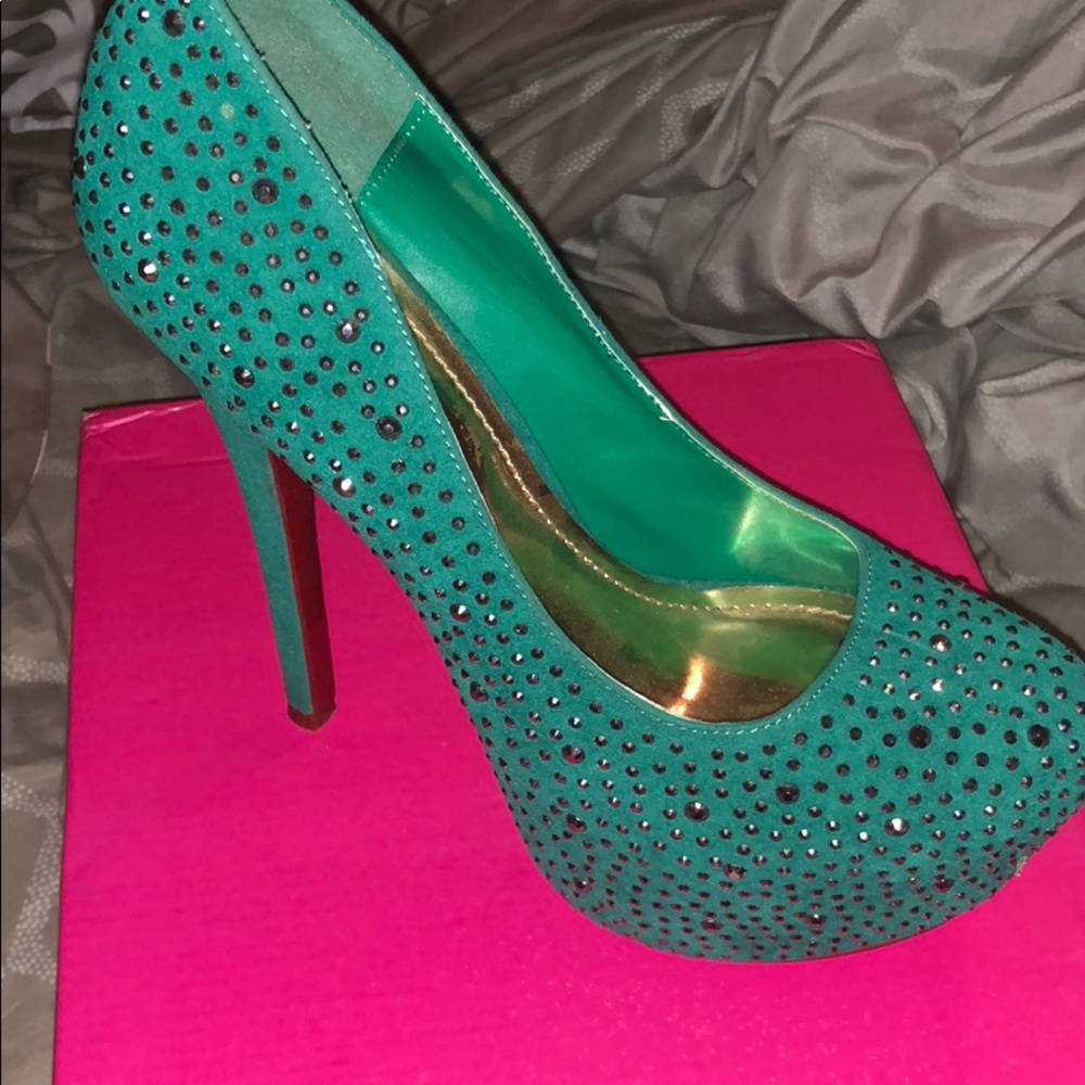 Rhinestone studded green Heels